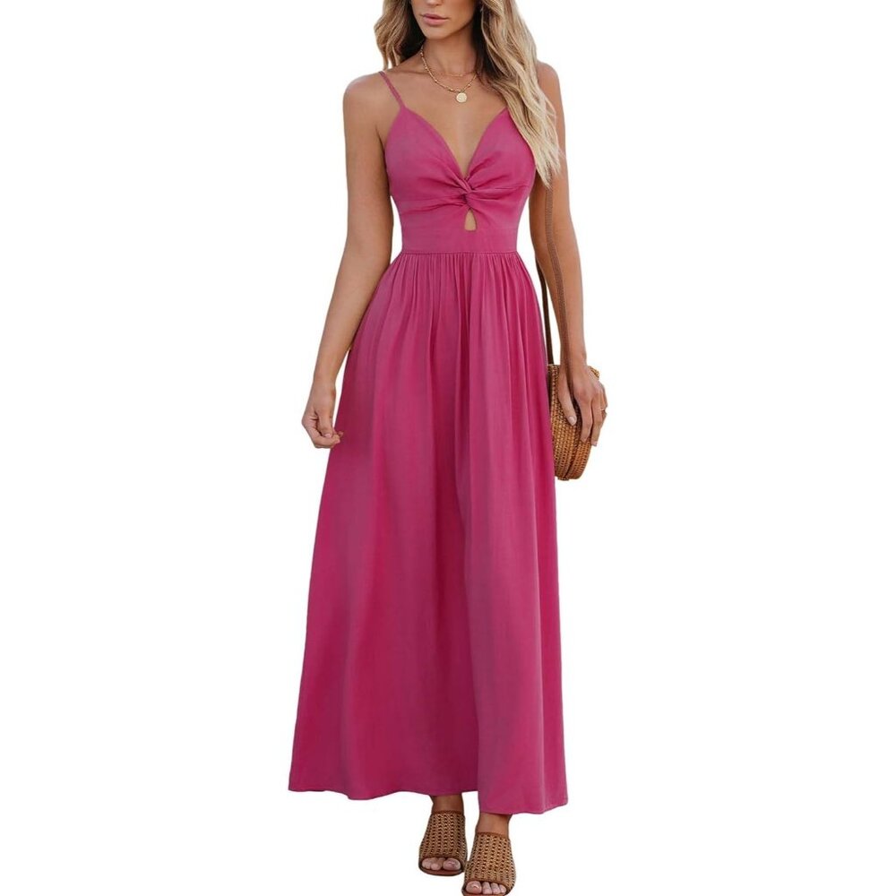 Women's Maxi Dress V Neck Twisted Sleeveless Cutout Self Tie Long Dress